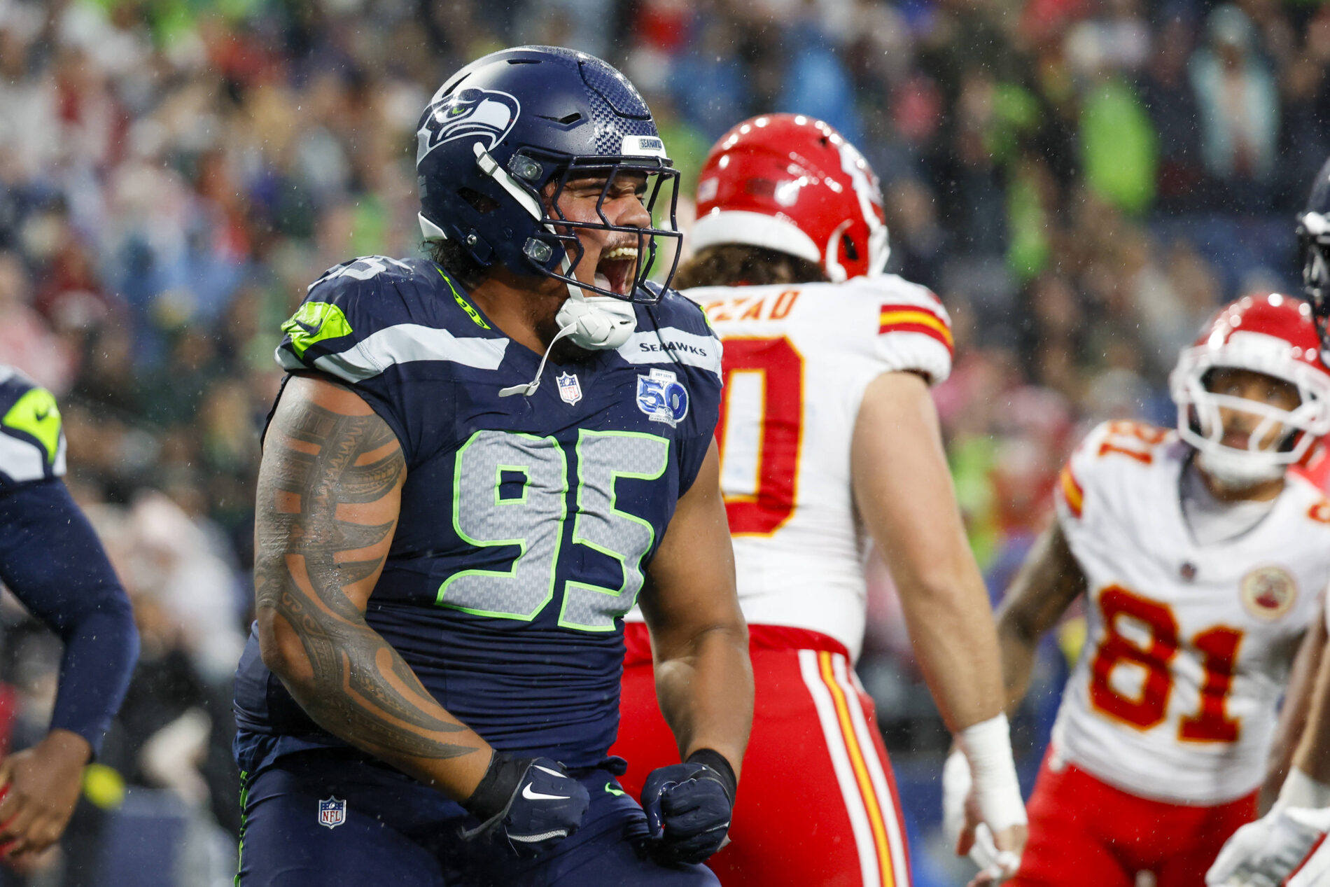 Seahawks-NT Brandon Pili celebrates a safety he forced against the Kansas City Chiefs in week 2 of the 2025 NFL-Preseason - Seahawks Defense 2025 Preview